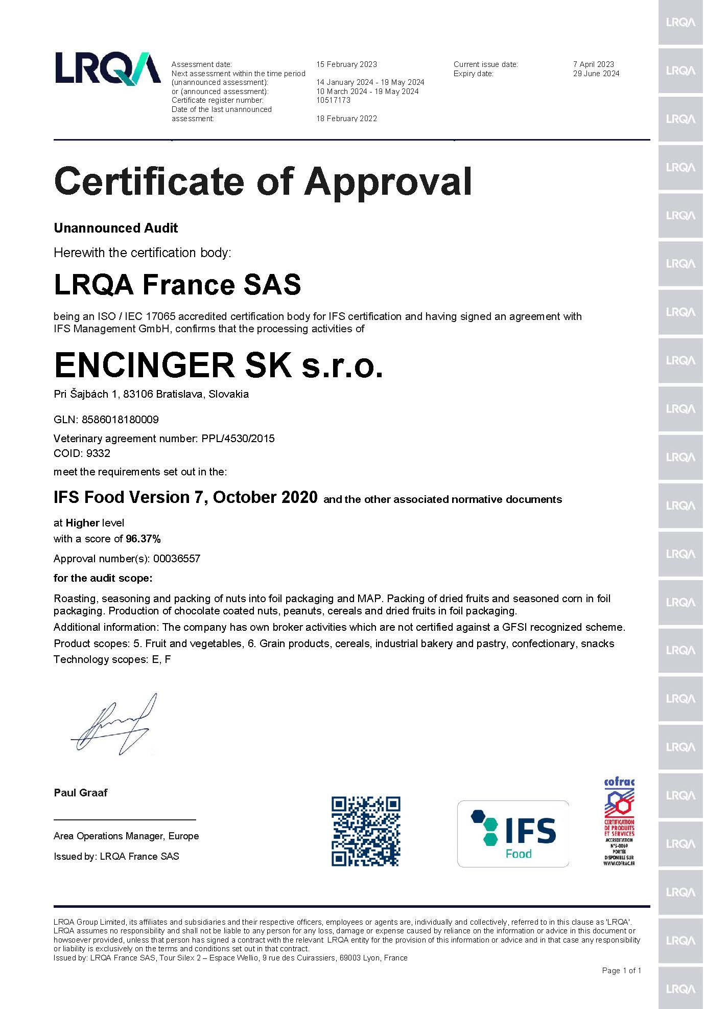 Certifikát IFS/IFS certificate